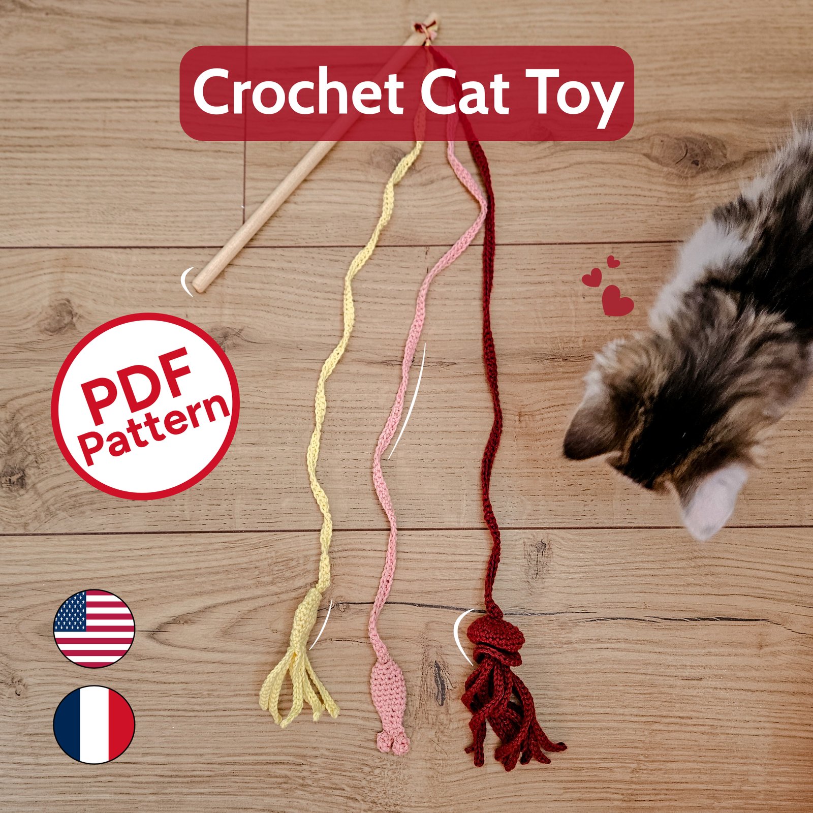Patron Jouet pour Chat au Crochet - Tutoriel PDF (Français/Anglais) Canne à Pêche avec poisson calamar et méduse